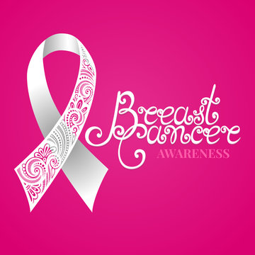 Vector Ornate White Ribbon of Breast Cancer on Pink Background