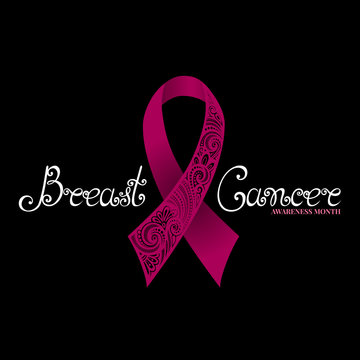 Vector Ornate Pink Ribbon of Breast Cancer on Black Background