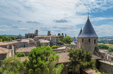 Fototapeta na wymiar The tower of the fortress of Carcassonne, France. Fortress of Carcassonne is included in the UNESCO World Heritage List