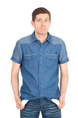 Fototapeta premium Handsome man doing different expressions in different sets of clothes: empty pockets