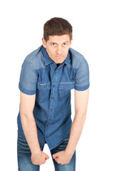 Obraz premium Handsome man doing different expressions in different sets of clothes: making a face