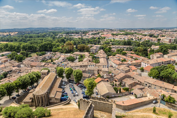 Fototapeta na wymiar Carcassonne, France. View of the lower town to the castle walls