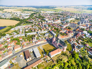 Aerial view to Prestice town with rare baroque church of The Assumption (Nanebevzeti Pany Marie) buildt  in 1775.