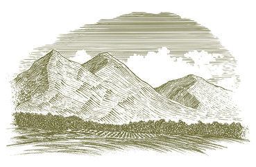 Woodcut Rural Mountain Scene