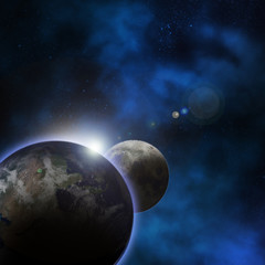Planet earth with sunrise behind
