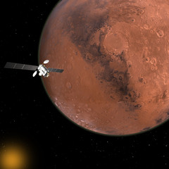 Naklejka premium Satellite orbiting a red planet