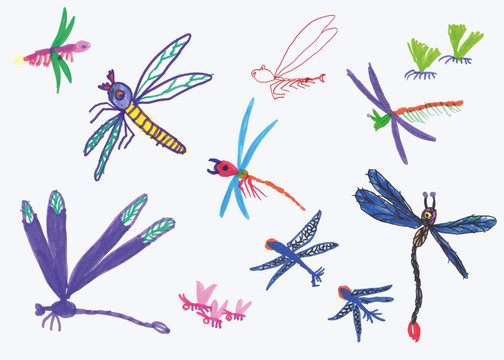 Vrais dessins d'un enfant de 6 ans - Libellules