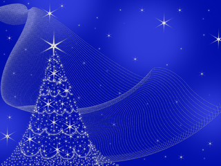 Fototapeta na wymiar Christmas blue background with elegant tree designed out of stars and flares.
