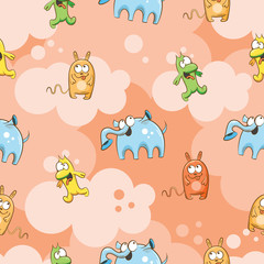 Vector seamless pattern with cute cartoon monsters on a pink background.