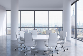 Panoramic conference room in modern office in New York City. White chairs and a white round table. 3D rendering.