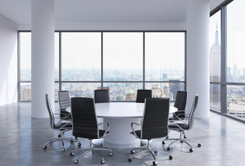 Panoramic conference room in modern office, New York City view. Black chairs and a white round table. 3D rendering. © ImageFlow