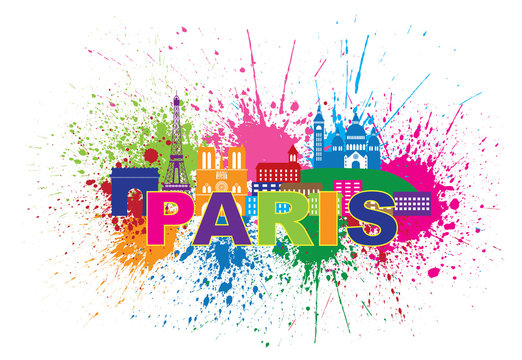 Paris Skyline Paint Splatter Text Colorful Vector Illustration
