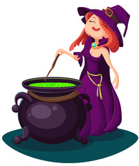 Cute young witch for Halloween cards. Vector clip art illustrati