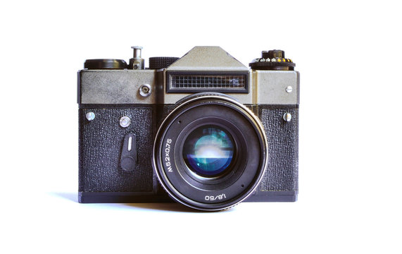 Cute soviet retro film camera isolated on white background