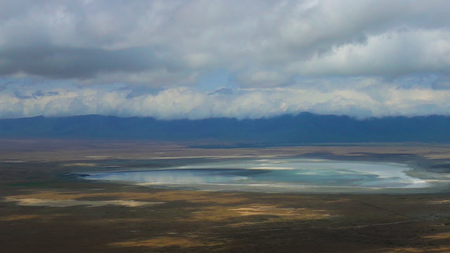 Serengeti Ngorongoro crater static camera aerial view. Africa. Tanzania. Travel tourism adventure in wild animal nature.