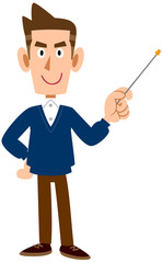 私服の男性が指し棒を持つ