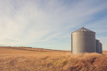 Fototapeta na wymiar Autumn landscape of grain silos in a farmer's field.