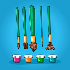 Color set of five different brushes for painting and four colors in small jars with lids