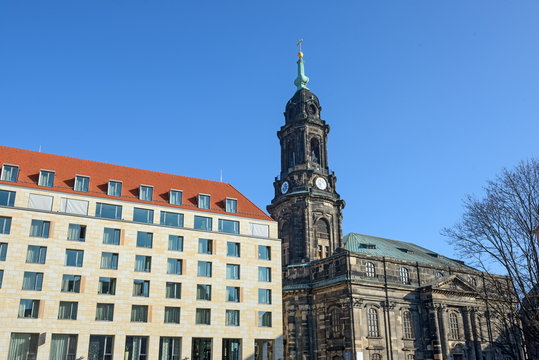 View towards Kramergasse with Kreuzkirche Church in Dresden, Sax