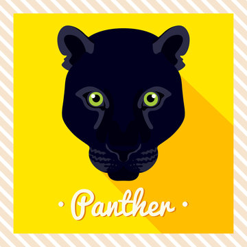 Vector portrait of a  black panther. Symmetrical portraits of animals. Vector Illustration, greeting card, poster. Icon. Animal face. Font inscription. Image of a panther's face.
