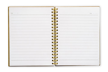 Open notebook with white lined pages.