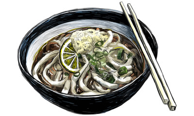 A Bowl of noodles draw color vector illustration.
