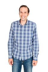 Handsome man doing different expressions in different sets of clothes: laughing