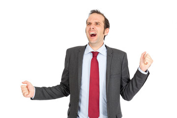 Handsome businessman doing different expressions in different sets of clothes: waking up