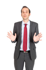 Handsome businessman doing different expressions in different sets of clothes: innocent