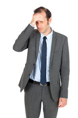 Handsome businessman doing different expressions in different sets of clothes: headache