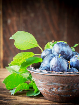 Fresh ripe plums in pottery handmade
