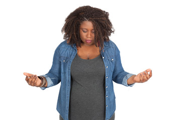 Beautiful woman doing different expressions in different sets of clothes: praying