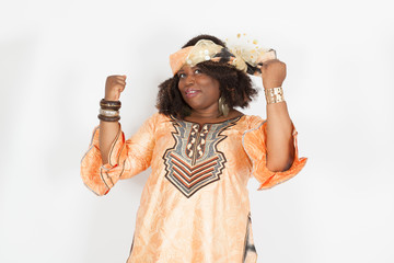 Beautiful woman doing different expressions in different sets of clothes: arms raised