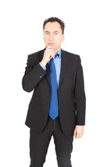 Handsome businessman doing different expressions in different sets of clothes: thinking