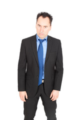 Handsome businessman doing different expressions in different sets of clothes: frustration