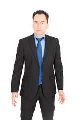 Handsome businessman doing different expressions in different sets of clothes: serious