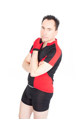 Handsome biker doing different expressions in different sets of clothes: posing