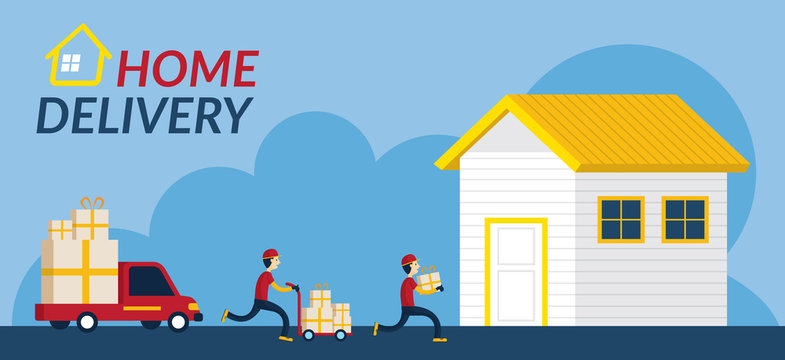 Home Delivery Service, Delivery Boy or Postman Send Parcel Box to Home, Flat Design