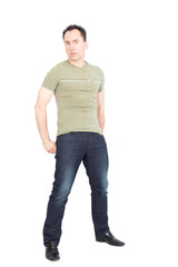 Handsome man doing different expressions in different sets of clothes: showing attention: hands in pockets