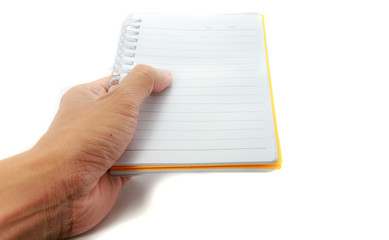 hand holding a notebook on a white background