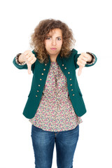 Beautiful Hispanic woman doing different expressions in different sets of clothes: thumbs down