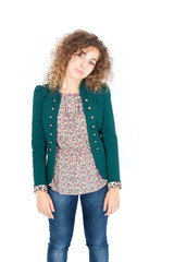 Beautiful Hispanic woman doing different expressions in different sets of clothes: tired