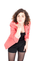 Fototapeta premium Beautiful Hispanic woman doing different expressions in different sets of clothes: be quiet