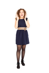 Fototapeta premium Beautiful Hispanic woman doing different expressions in different sets of clothes: posing