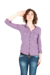 Beautiful Hispanic woman doing different expressions in different sets of clothes: at attention