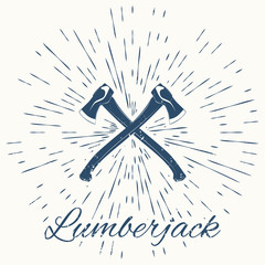 crossed axes and vintage sun burst frame. lumberjack emblem