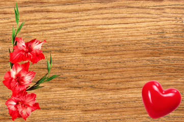 Fototapeta na wymiar Beautiful gladiolus and red heart on wooden background