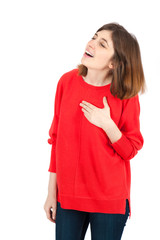 Beautiful woman doing different expressions in different sets of clothes: heart attack