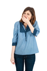 Fototapeta premium Beautiful woman doing different expressions in different sets of clothes: yawning