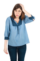 Fototapeta premium Beautiful woman doing different expressions in different sets of clothes: headache
